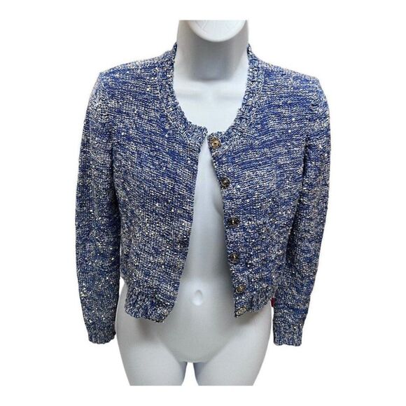 Axara Paris Women’s XS Sequin Crop Sweater Blue Gold Long Sleeve Bright Spring‎ - Picture 5 of 13